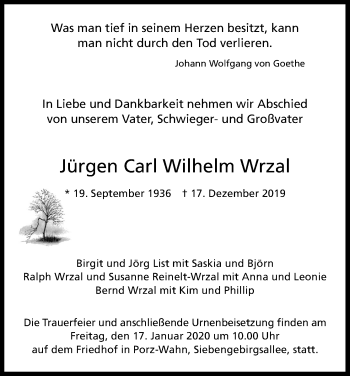 Anzeige von Jürgen Carl Wilhelm Wrzal von Kölner Stadt-Anzeiger / Kölnische Rundschau / Express
