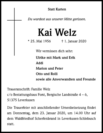 Anzeige von Kai Welz von Kölner Stadt-Anzeiger / Kölnische Rundschau / Express
