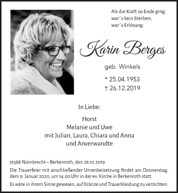 Anzeige von Karin Berges von  Lokalanzeiger 