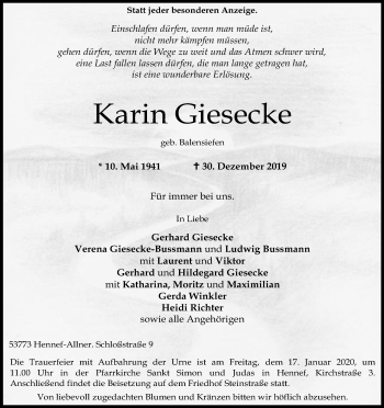 Anzeige von Karin Giesecke von Kölner Stadt-Anzeiger / Kölnische Rundschau / Express