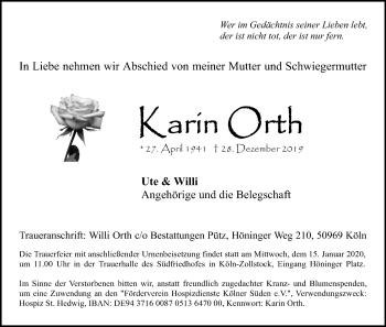Anzeige von Karin Orth von Kölner Stadt-Anzeiger / Kölnische Rundschau / Express