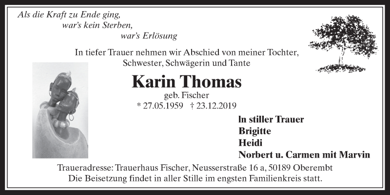  Traueranzeige für Karin Thomas vom 08.01.2020 aus  Werbepost 