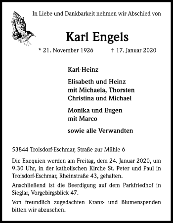 Anzeige von Karl Engels von Kölner Stadt-Anzeiger / Kölnische Rundschau / Express