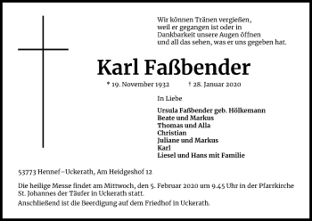 Anzeige von Karl Faßbender von Kölner Stadt-Anzeiger / Kölnische Rundschau / Express