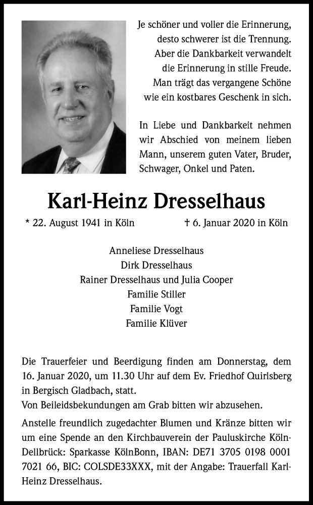 Traueranzeigen Von Karl Heinz Dresselhaus Wirtrauern