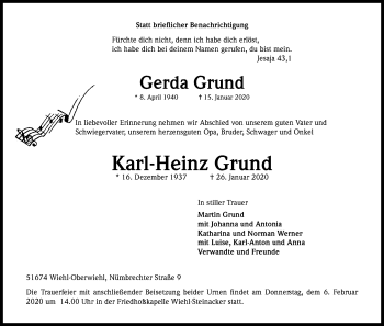 Anzeige von Karl-Heinz Grund von Kölner Stadt-Anzeiger / Kölnische Rundschau / Express
