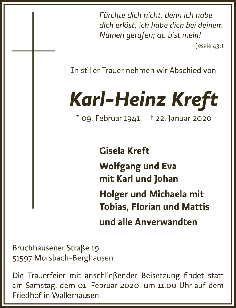  Traueranzeige für Karl-Heinz Kreft vom 29.01.2020 aus  Lokalanzeiger 