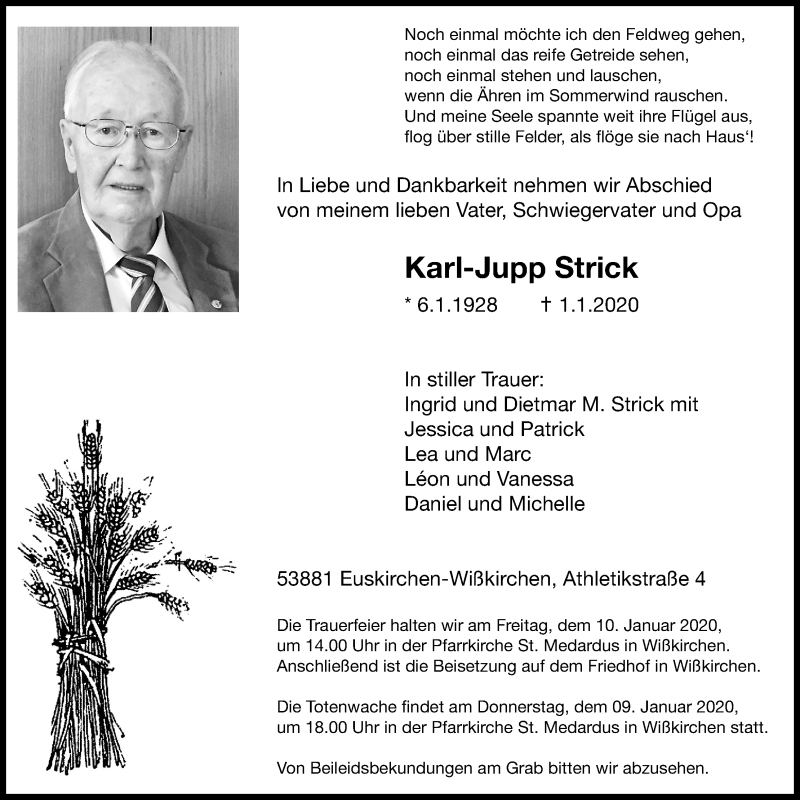  Traueranzeige für Karl-Jupp Strick vom 08.01.2020 aus Kölner Stadt-Anzeiger / Kölnische Rundschau / Express