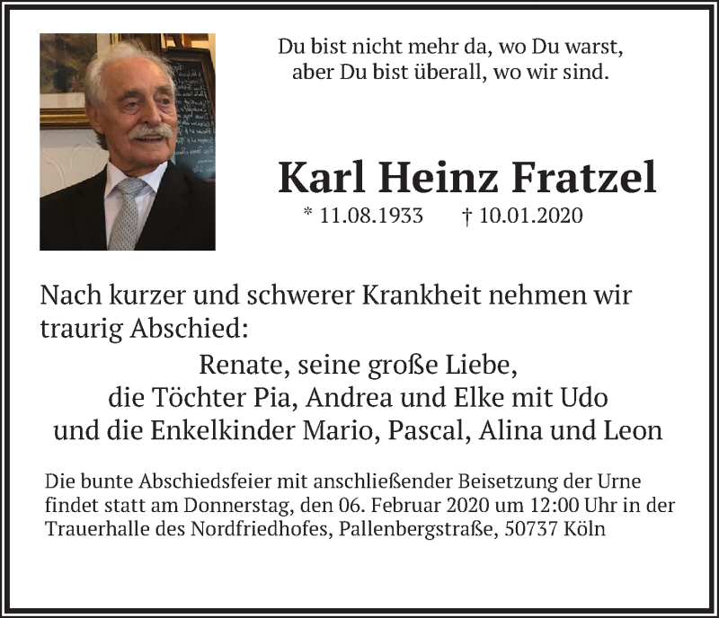 Traueranzeige für Karl Heinz Fratzel vom 18.01.2020 aus Kölner Stadt-Anzeiger / Kölnische Rundschau / Express