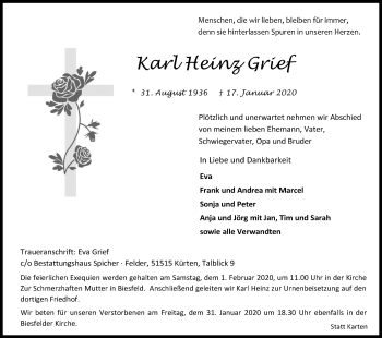 Anzeige von Karl Heinz Grief von Kölner Stadt-Anzeiger / Kölnische Rundschau / Express