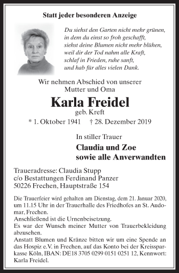 Anzeige von Karla Freidel von  Wochenende 
