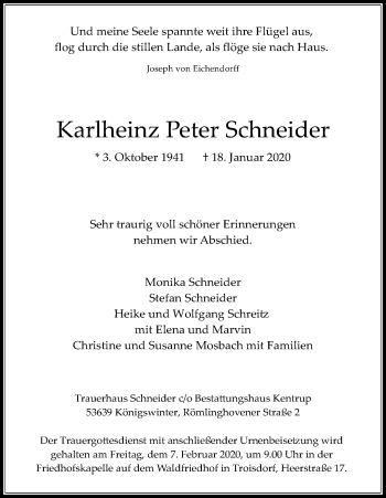 Anzeige von Karlheinz Peter Schneider von Kölner Stadt-Anzeiger / Kölnische Rundschau / Express