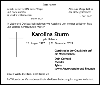 Anzeige von Karolina Sturm von Kölner Stadt-Anzeiger / Kölnische Rundschau / Express