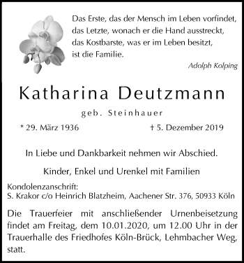 Anzeige von Katharina Deutzmann von Kölner Stadt-Anzeiger / Kölnische Rundschau / Express
