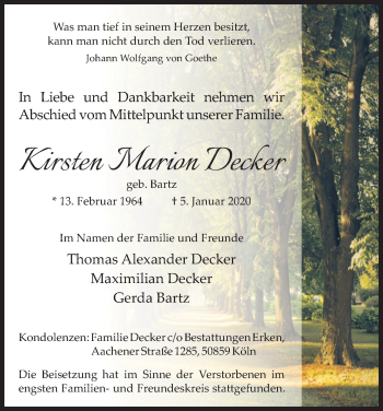 Anzeige von Kirsten Marion Decker von Kölner Stadt-Anzeiger / Kölnische Rundschau / Express