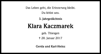 Anzeige von Klara Kaczmarek von Kölner Stadt-Anzeiger / Kölnische Rundschau / Express