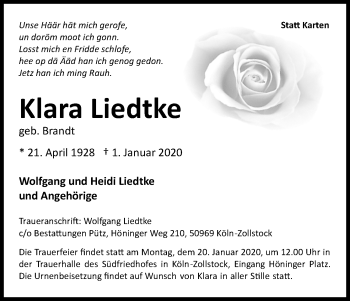 Anzeige von Klara Liedtke von Kölner Stadt-Anzeiger / Kölnische Rundschau / Express