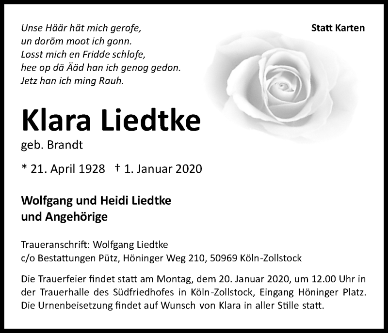 Traueranzeigen Von Klara Liedtke Wirtrauern