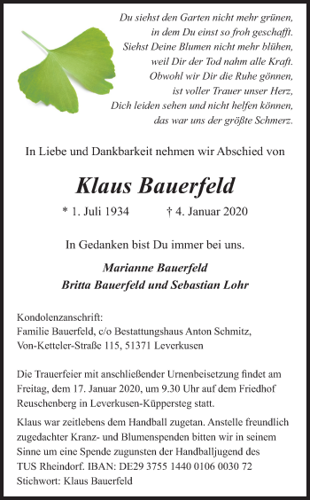 Anzeige von Klaus Bauerfeld von Kölner Stadt-Anzeiger / Kölnische Rundschau / Express
