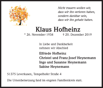 Anzeige von Klaus Hofheinz von Kölner Stadt-Anzeiger / Kölnische Rundschau / Express
