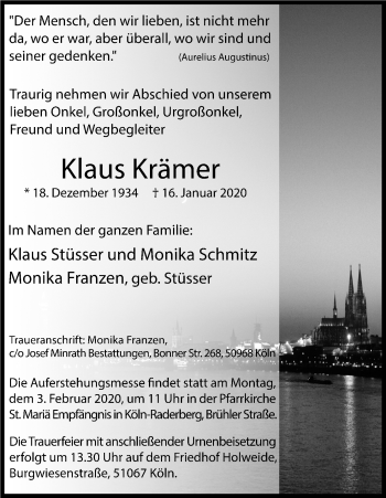 Anzeige von Klaus Krämer von Kölner Stadt-Anzeiger / Kölnische Rundschau / Express