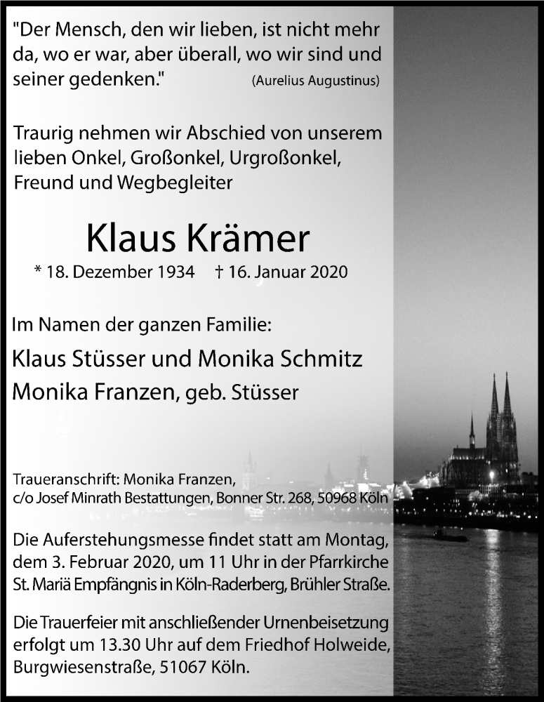  Traueranzeige für Klaus Krämer vom 25.01.2020 aus Kölner Stadt-Anzeiger / Kölnische Rundschau / Express