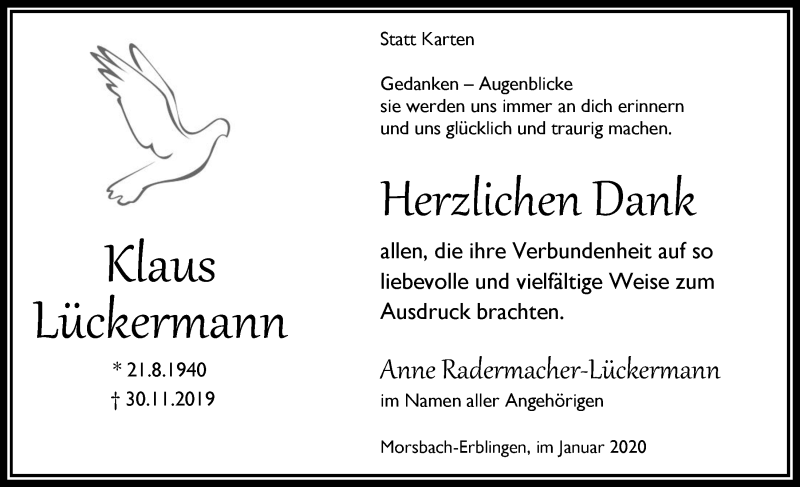  Traueranzeige für Klaus Lückermann vom 22.01.2020 aus  Anzeigen Echo  Lokalanzeiger 