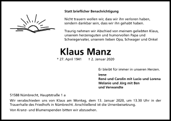 Anzeige von Klaus Manz von Kölner Stadt-Anzeiger / Kölnische Rundschau / Express