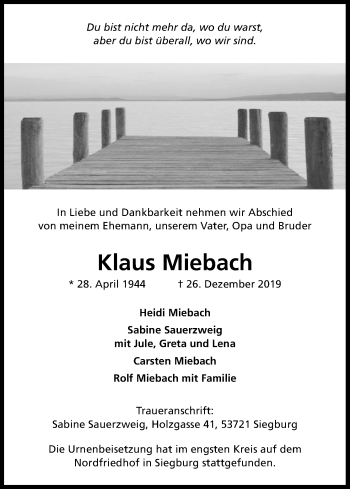 Anzeige von Klaus Miebach von Kölner Stadt-Anzeiger / Kölnische Rundschau / Express