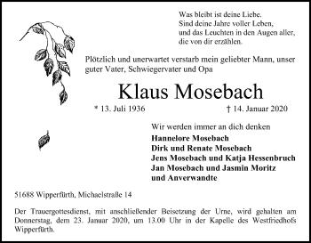 Anzeige von Klaus Mosebach von Kölner Stadt-Anzeiger / Kölnische Rundschau / Express