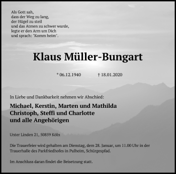 Anzeige von Klaus Müller-Bungart von Kölner Stadt-Anzeiger / Kölnische Rundschau / Express