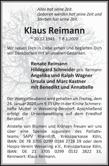 Anzeige von Klaus Reimann von  Schlossbote/Werbekurier 