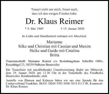 Anzeige von Klaus Reimer von Kölner Stadt-Anzeiger / Kölnische Rundschau / Express