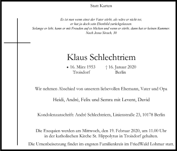 Anzeige von Klaus Schlechtriem von Kölner Stadt-Anzeiger / Kölnische Rundschau / Express