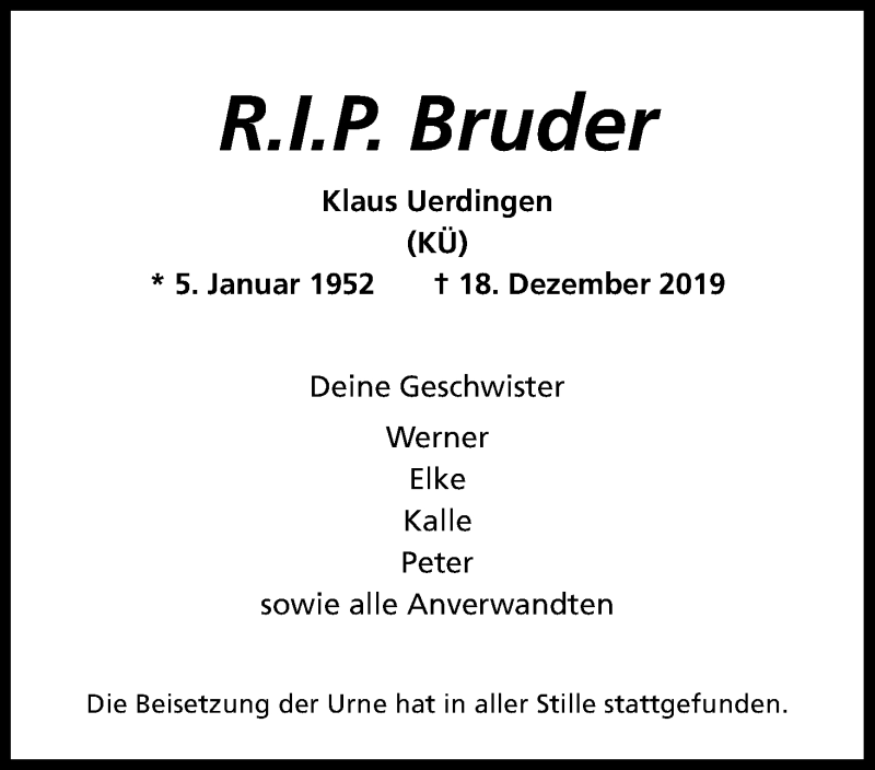  Traueranzeige für Klaus Uerdingen vom 24.01.2020 aus Kölner Stadt-Anzeiger / Kölnische Rundschau / Express