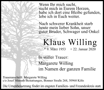 Anzeige von Klaus Willing von Kölner Stadt-Anzeiger / Kölnische Rundschau / Express