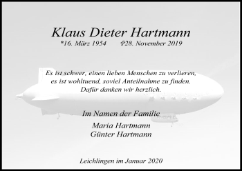 Anzeige von Klaus Dieter Hartmann von Kölner Stadt-Anzeiger / Kölnische Rundschau / Express