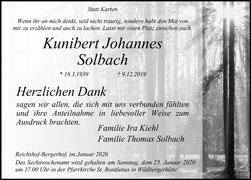  Traueranzeige für Kunibert Johannes Solbach vom 22.01.2020 aus  Anzeigen Echo 