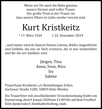 Anzeige von Kurt Kristkeitz von Kölner Stadt-Anzeiger / Kölnische Rundschau / Express