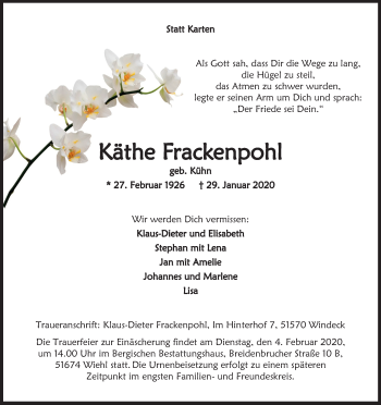 Anzeige von Käthe Frackenpohl von Kölner Stadt-Anzeiger / Kölnische Rundschau / Express