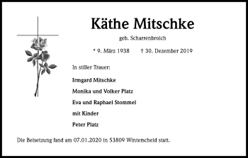 Anzeige von Käthe Mitschke von Kölner Stadt-Anzeiger / Kölnische Rundschau / Express