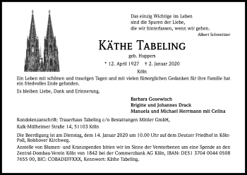 Anzeige von Käthe Tabeling von Kölner Stadt-Anzeiger / Kölnische Rundschau / Express