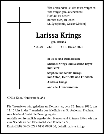 Anzeige von Larissa Krings von Kölner Stadt-Anzeiger / Kölnische Rundschau / Express