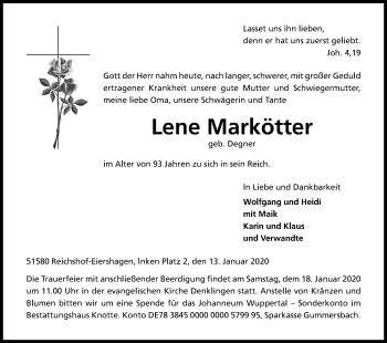Anzeige von Lene Markötter von Kölner Stadt-Anzeiger / Kölnische Rundschau / Express