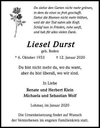 Anzeige von Liesel Durst von Kölner Stadt-Anzeiger / Kölnische Rundschau / Express