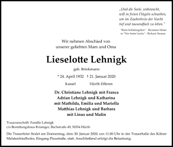Anzeige von Lieselotte Lehnigk von Kölner Stadt-Anzeiger / Kölnische Rundschau / Express