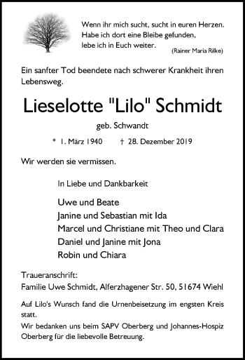 Anzeige von Lieselotte Schmidt von  Anzeigen Echo 