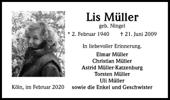 Anzeige von Lis Müller von Kölner Stadt-Anzeiger / Kölnische Rundschau / Express