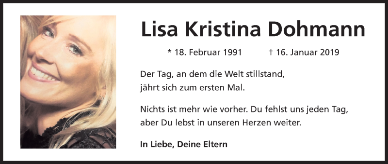  Traueranzeige für Lisa Kristina Dohmann vom 18.01.2020 aus Kölner Stadt-Anzeiger / Kölnische Rundschau / Express