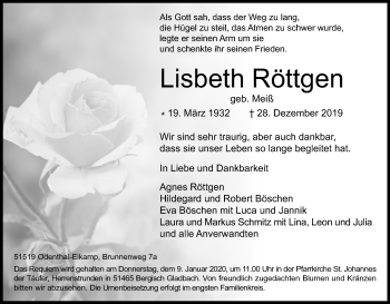 Anzeige von Lisbeth Röttgen von Kölner Stadt-Anzeiger / Kölnische Rundschau / Express